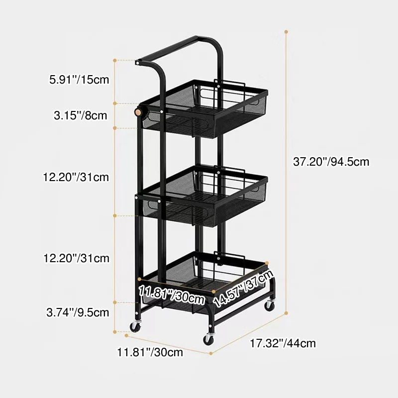 Modern Minimalist Carbon Steel Curved Square Mobile Storage Shelf 3-Tier For Living Room