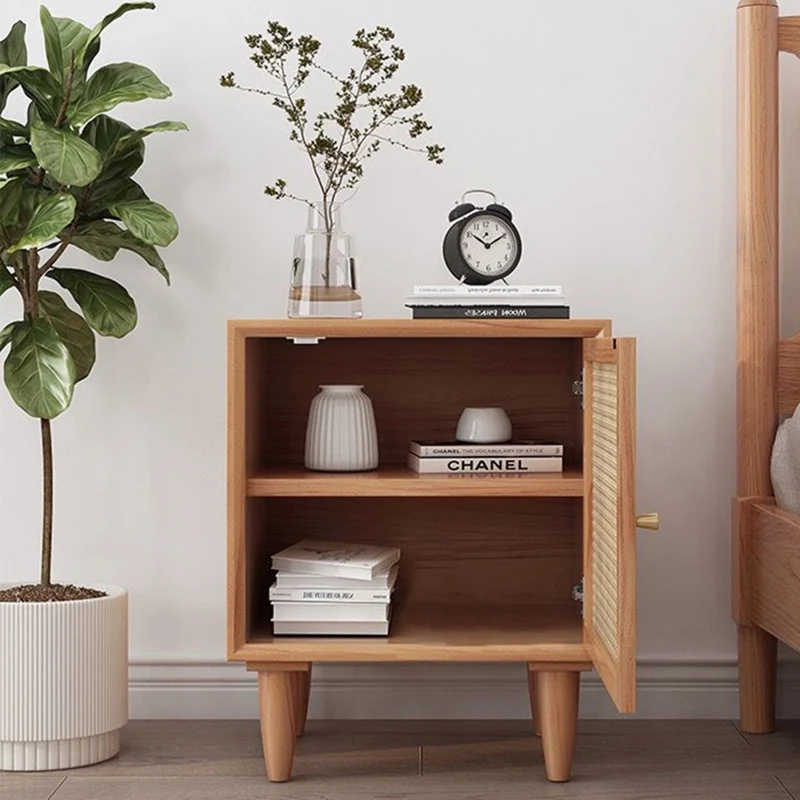 Traditional Chinese Square Pine Solid Wood Plywood Rattan Glass Nightstand 1-Cabinet For Bedroom