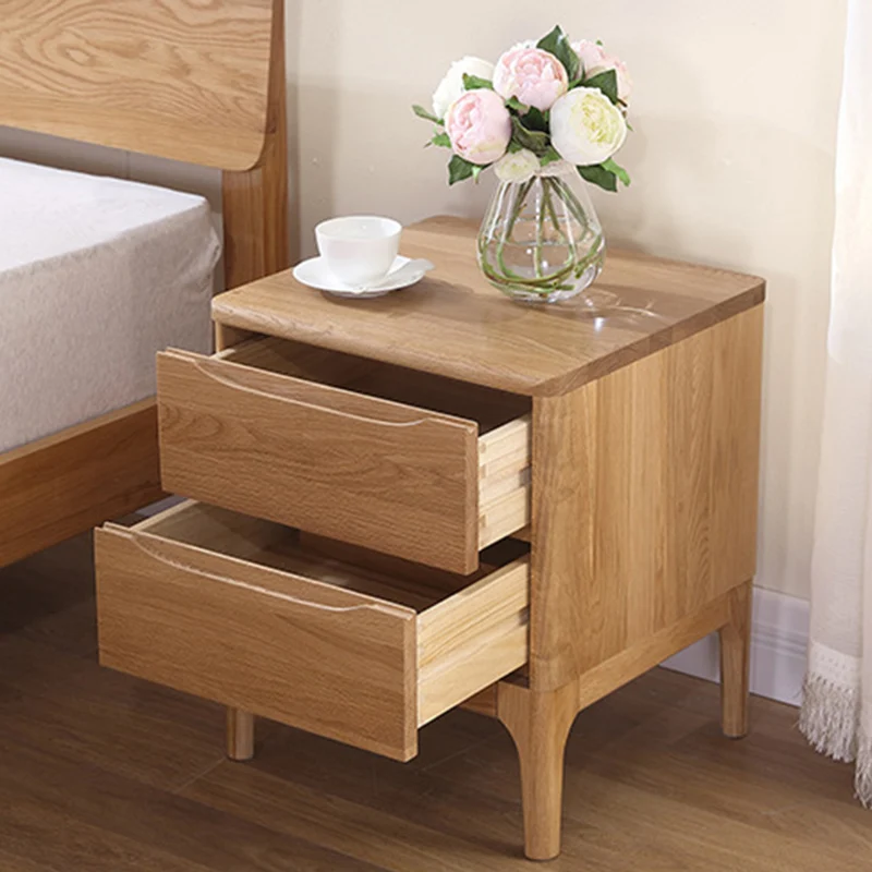 Modern Minimalist Square Red Oak Wood Paulownia Wood Nightstand 2-Drawer For Bedroom
