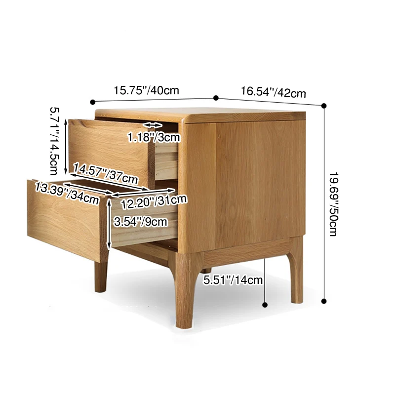 Modern Minimalist Square Red Oak Wood Paulownia Wood Nightstand 2-Drawer For Bedroom