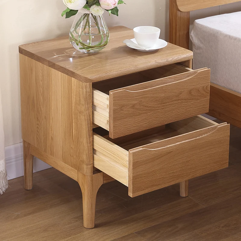 Modern Minimalist Square Red Oak Wood Paulownia Wood Nightstand 2-Drawer For Bedroom