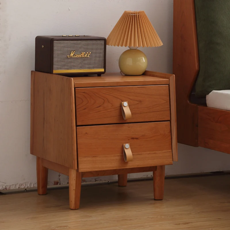 Contemporary Scandinavian Square Cherry Wood Poplar Wood Nightstand 2-Drawer For Bedroom