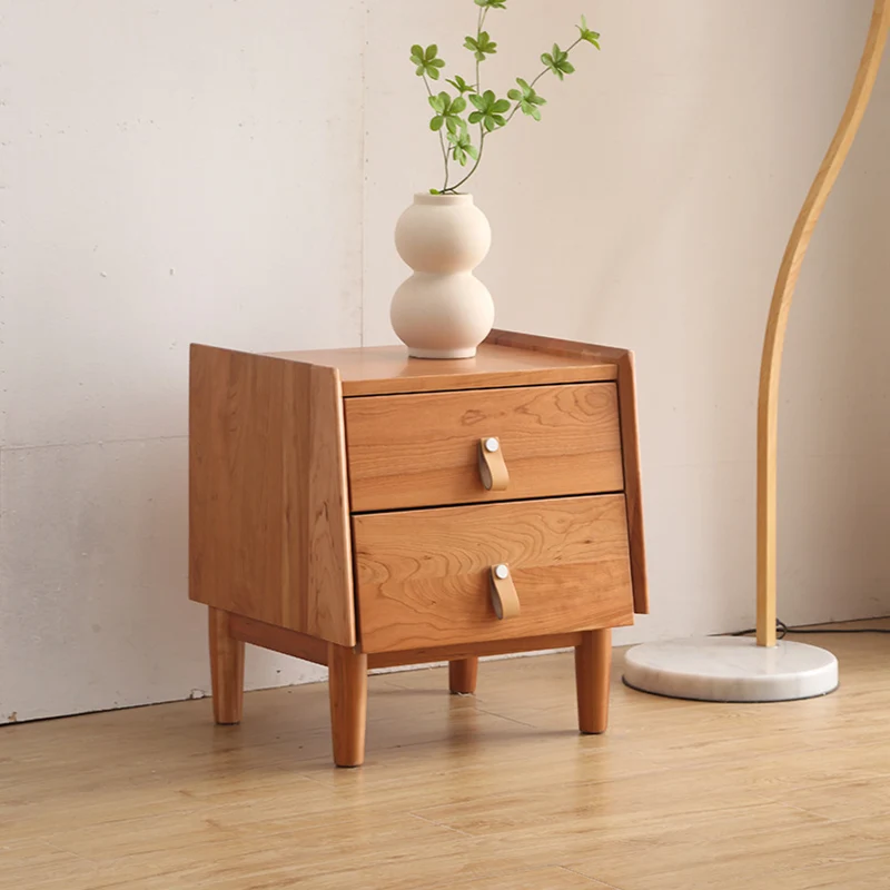 Contemporary Scandinavian Square Cherry Wood Poplar Wood Nightstand 2-Drawer For Bedroom