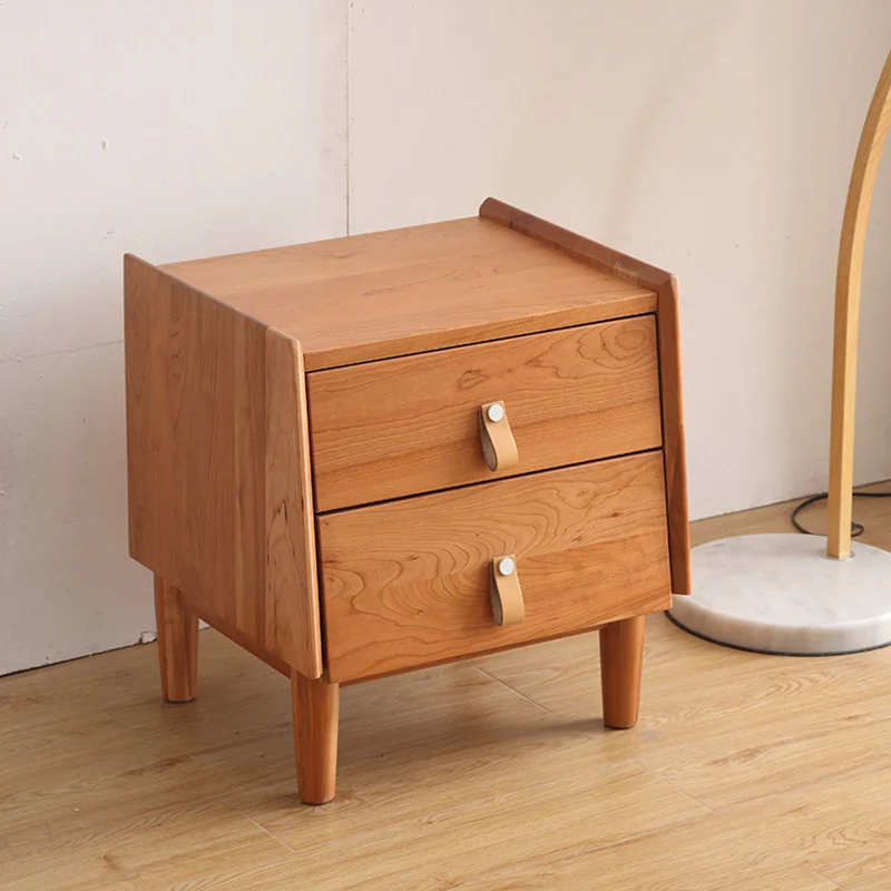 Contemporary Scandinavian Square Cherry Wood Poplar Wood Nightstand 2-Drawer For Bedroom
