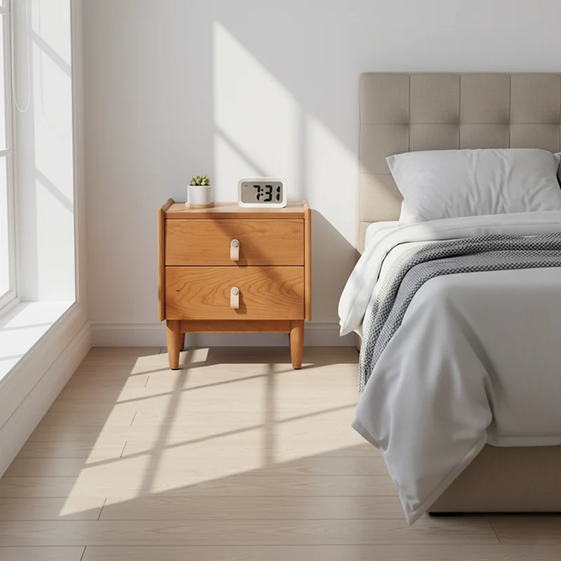Contemporary Scandinavian Square Cherry Wood Poplar Wood Nightstand 2-Drawer For Bedroom