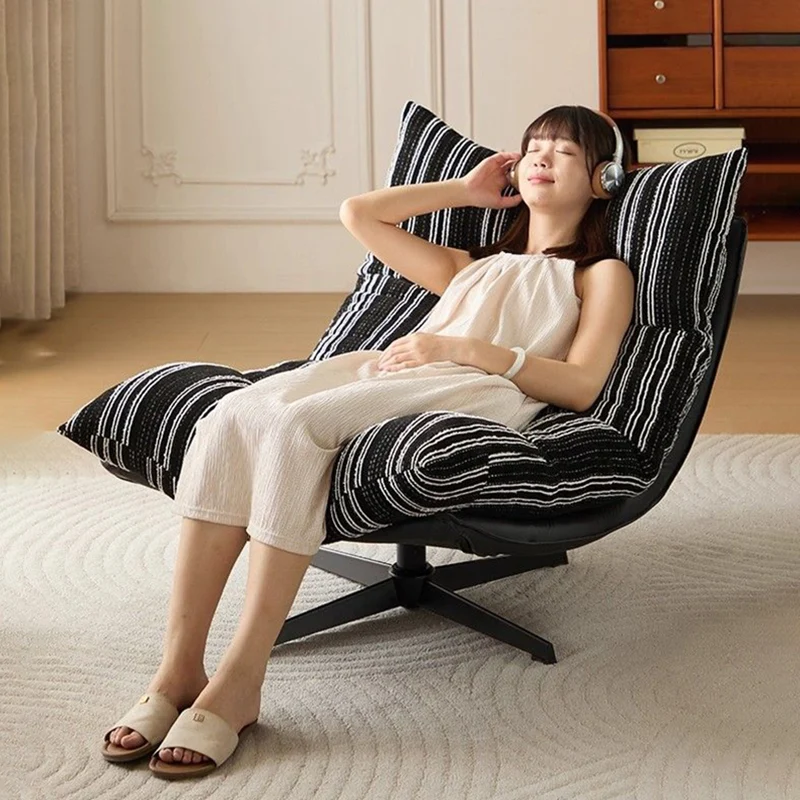 Contemporary Scandinavian Rotatable Arc-Shaped Jacquard Linen Faux Leather Iron Plush Cotton Sponge Lazy Detachable Accent Chair Backrest Armless For Living Room & Bedroom