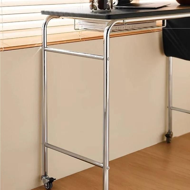Contemporary Industrial Narrow Rectangular MDF PU Leather Stainless Steel Movable Desk 1-Tier For Home Office