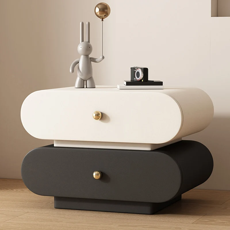 Modern Minimalist Oval Faux Leather Finger-Jointed Board Pine Wood Nightstand 2-Drawer For Bedroom