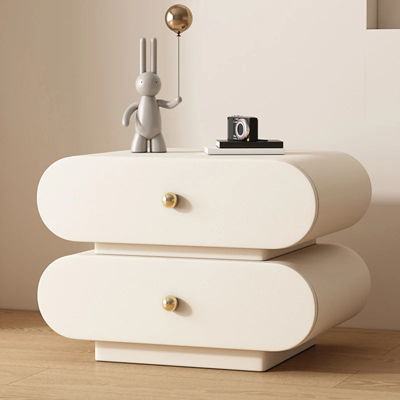 Modern Minimalist Oval Faux Leather Finger-Jointed Board Pine Wood Nightstand 2-Drawer For Bedroom