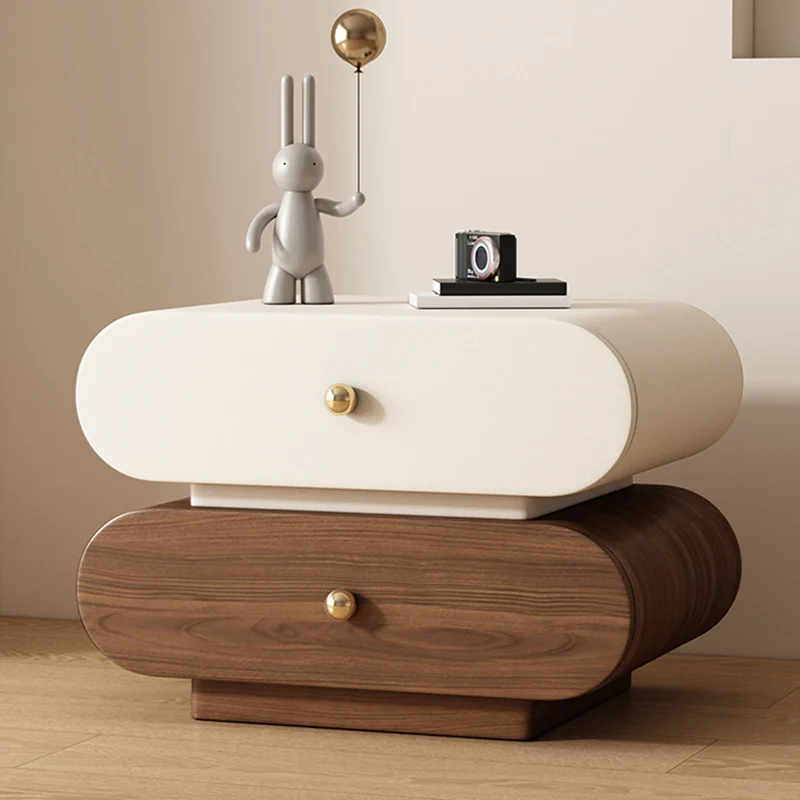 Modern Minimalist Oval Faux Leather Finger-Jointed Board Pine Wood Nightstand 2-Drawer For Bedroom