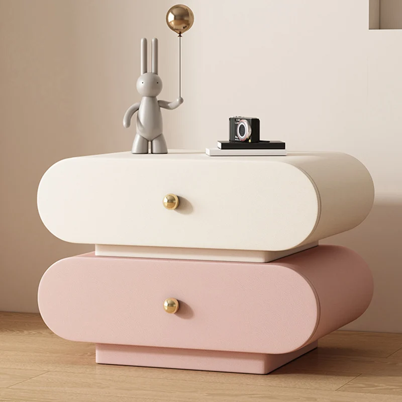 Modern Minimalist Oval Faux Leather Finger-Jointed Board Pine Wood Nightstand 2-Drawer For Bedroom