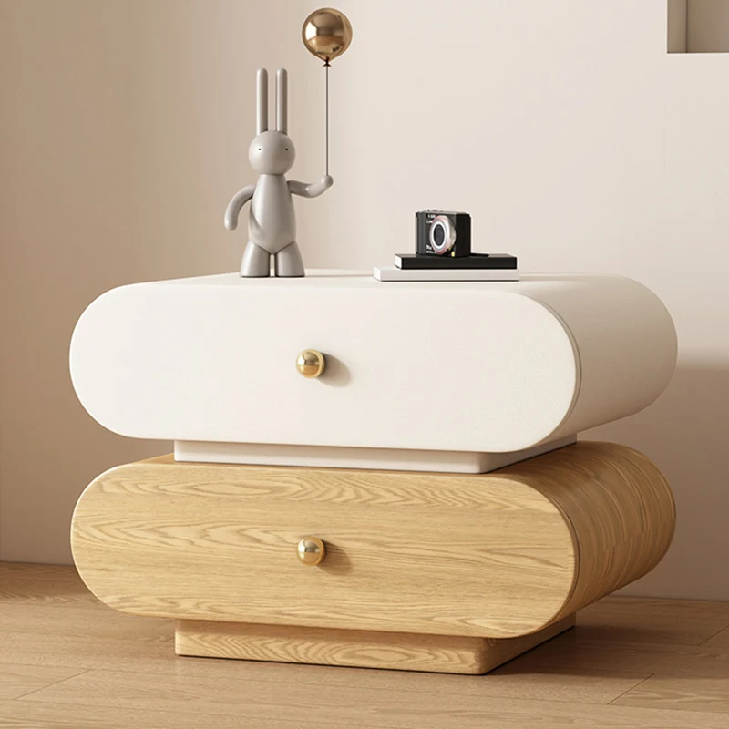 Modern Minimalist Oval Faux Leather Finger-Jointed Board Pine Wood Nightstand 2-Drawer For Bedroom