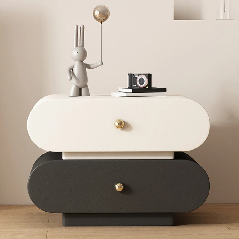 Modern Minimalist Oval Faux Leather Finger-Jointed Board Pine Wood Nightstand 2-Drawer For Bedroom