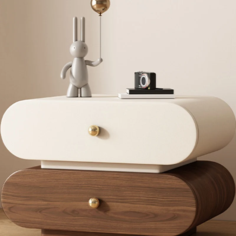 Modern Minimalist Oval Faux Leather Finger-Jointed Board Pine Wood Nightstand 2-Drawer For Bedroom