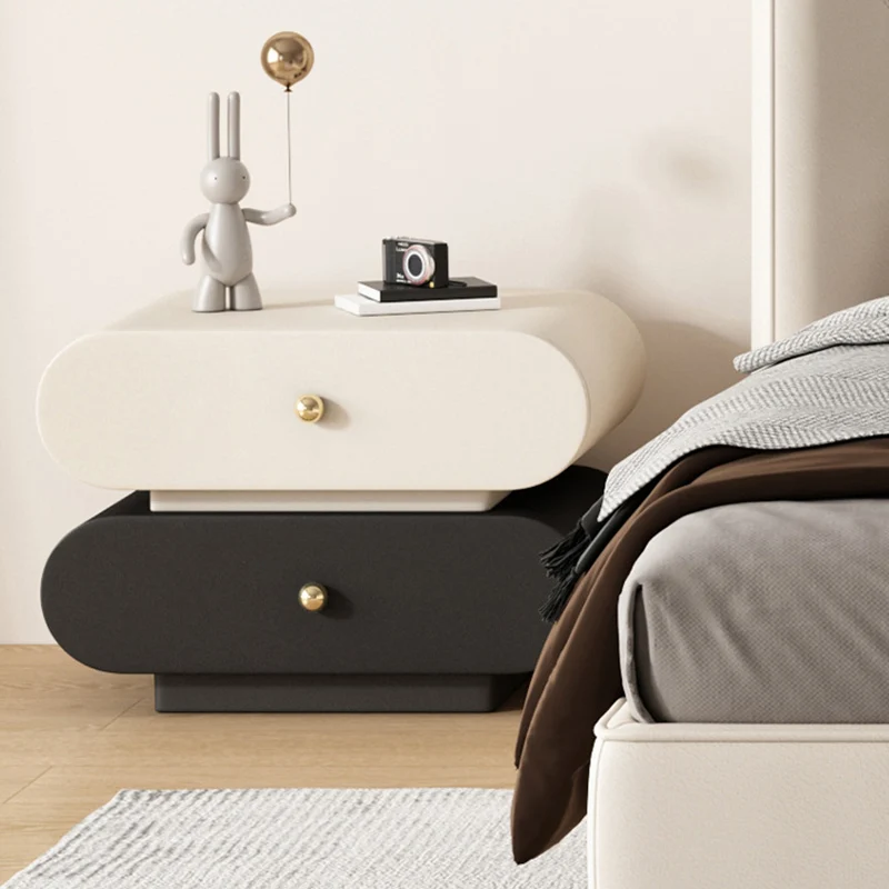 Modern Minimalist Oval Faux Leather Finger-Jointed Board Pine Wood Nightstand 2-Drawer For Bedroom