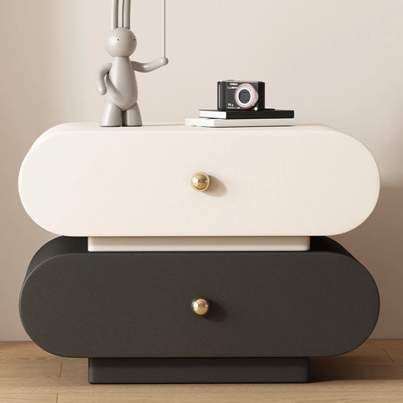 Modern Minimalist Oval Faux Leather Finger-Jointed Board Pine Wood Nightstand 2-Drawer For Bedroom