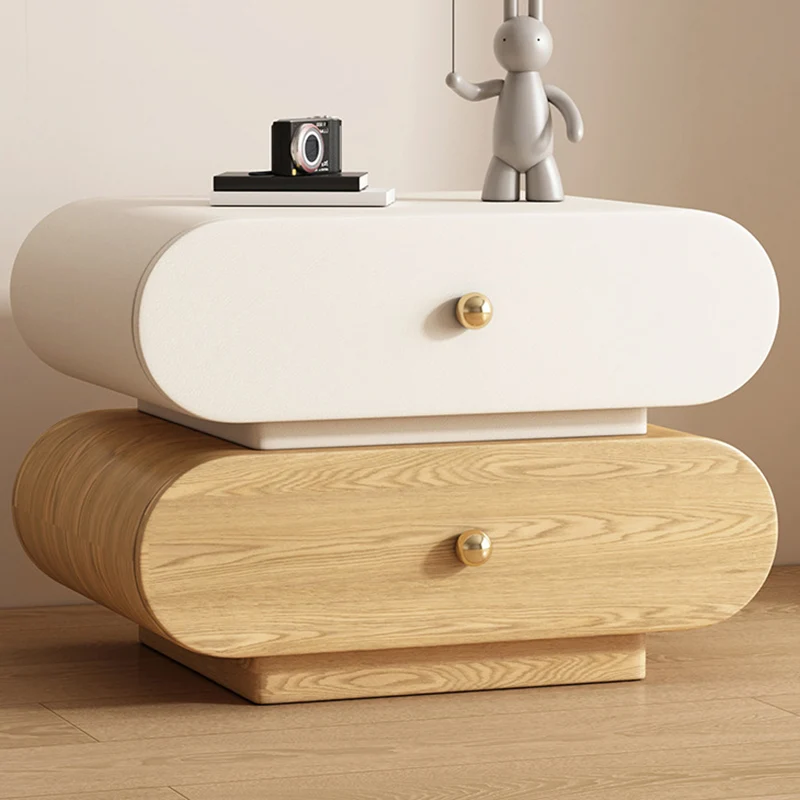 Modern Minimalist Oval Faux Leather Finger-Jointed Board Pine Wood Nightstand 2-Drawer For Bedroom