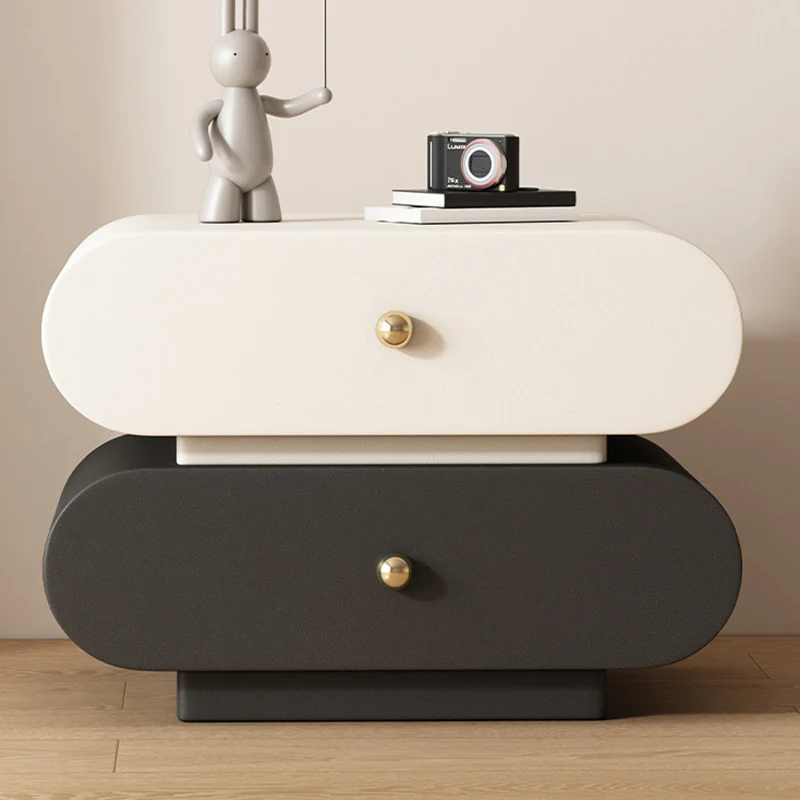 Modern Minimalist Oval Faux Leather Finger-Jointed Board Pine Wood Nightstand 2-Drawer For Bedroom