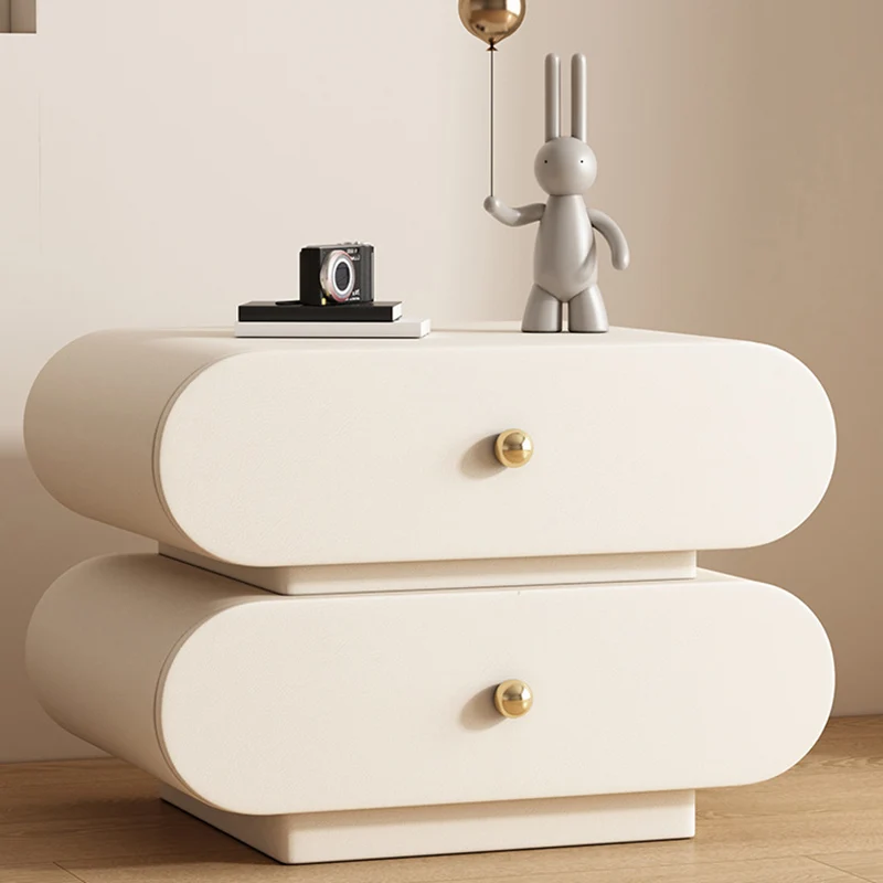 Modern Minimalist Oval Faux Leather Finger-Jointed Board Pine Wood Nightstand 2-Drawer For Bedroom