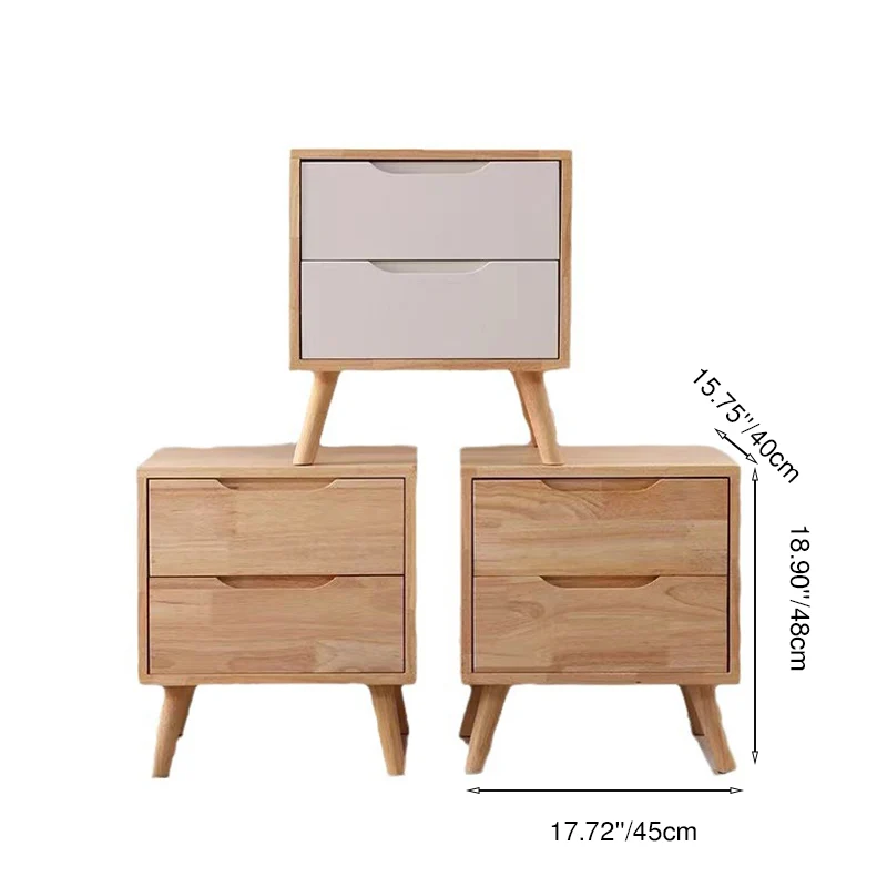 Contemporary Scandinavian Square Rubberwood Solid Wood Plywood Nightstand 2-Drawer For Bedroom