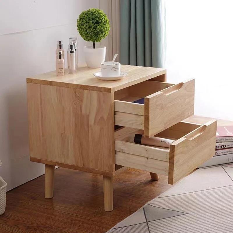 Contemporary Scandinavian Square Rubberwood Solid Wood Plywood Nightstand 2-Drawer For Bedroom