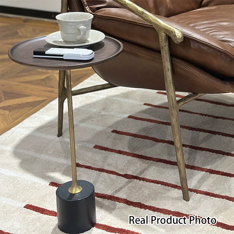 Contemporary Simplicity Round Walnut Copper Carbon Steel Side Table 1-Tier For Living Room