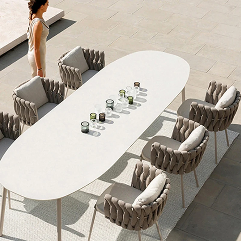 Modern Aluminum Outdoor Dining Chair With Woven Backrest - Waterproof Cushion Accent Chair For Outdoor
