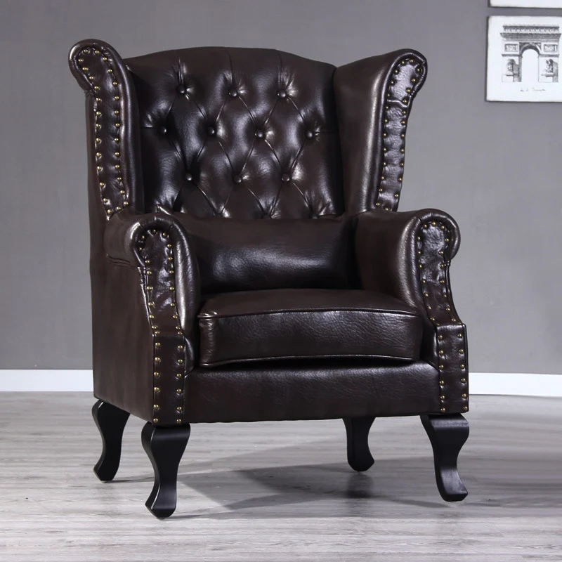 Traditional Vintage Rectangular PU Leather Suede Fabric Solid Wood Medium Density Fiberboard Accent Chair Backrest Armrest For Living Room
