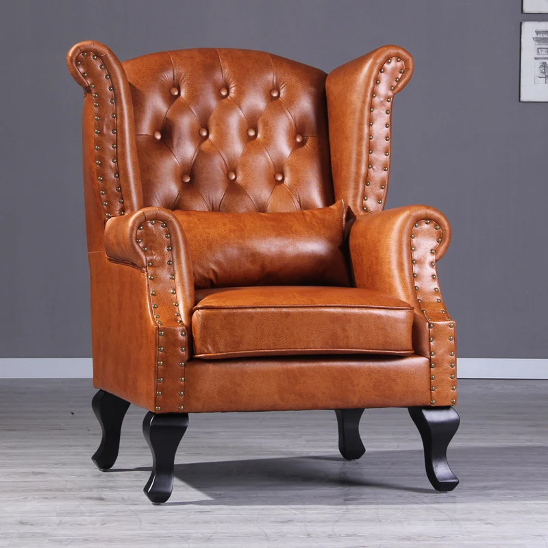 Traditional Vintage Rectangular PU Leather Suede Fabric Solid Wood Medium Density Fiberboard Accent Chair Backrest Armrest For Living Room
