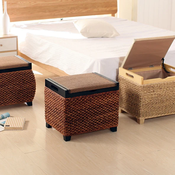 Traditional Chinese Square Pine Wood Plywood Narcissus Vine Storage Low Stool 1-Cabinet For Bedroom