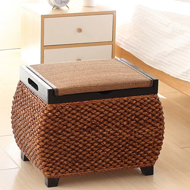 Traditional Chinese Square Pine Wood Plywood Narcissus Vine Storage Low Stool 1-Cabinet For Bedroom