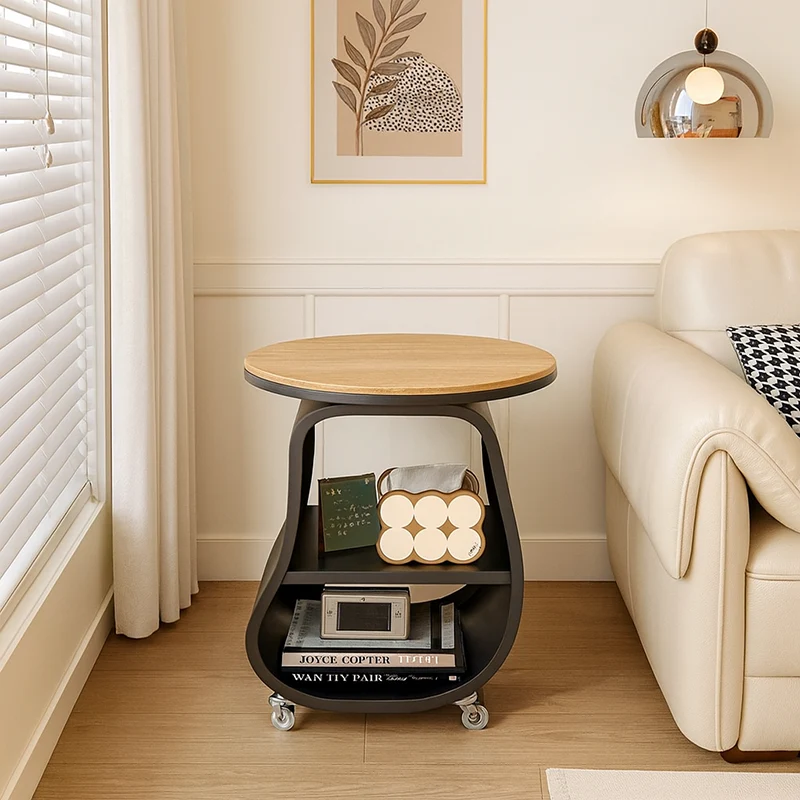Contemporary Scandinavian Round Iron Plywood Tempered Glass Side Table 2-Tier For Living Room