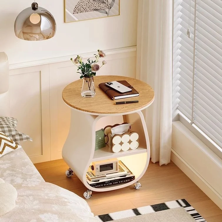 Contemporary Scandinavian Round Iron Plywood Tempered Glass Side Table 2-Tier For Living Room