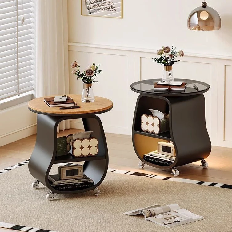 Contemporary Scandinavian Round Iron Plywood Tempered Glass Side Table 2-Tier For Living Room