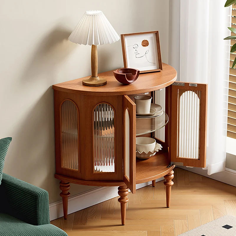 Traditional Vintage Semi-Circular Cherry Wood Plywood Acrylic Sideboard 1-Cabinet For Dining Room