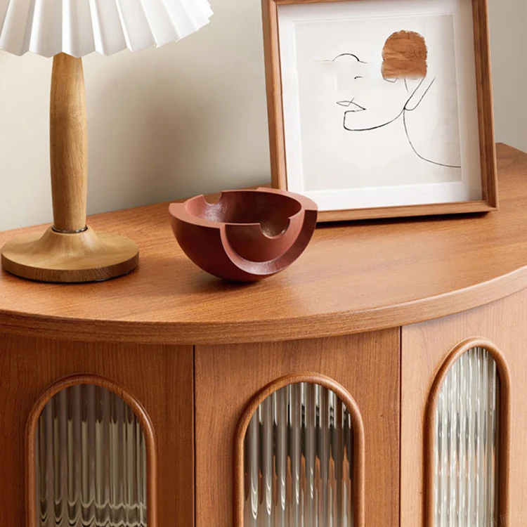 Traditional Vintage Semi-Circular Cherry Wood Plywood Acrylic Sideboard 1-Cabinet For Dining Room