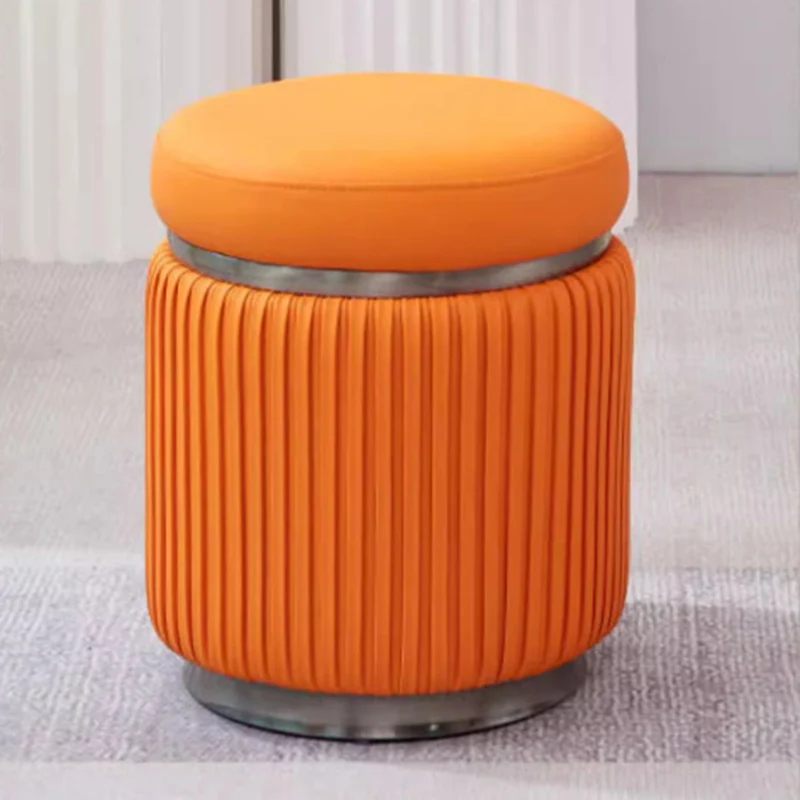 Modern Minimalist Round PU Leather Stainless Steel Low Stool For Living Room