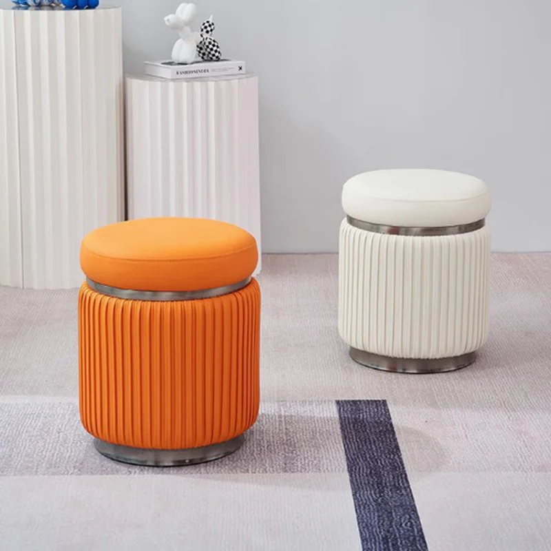 Modern Minimalist Round PU Leather Stainless Steel Low Stool For Living Room