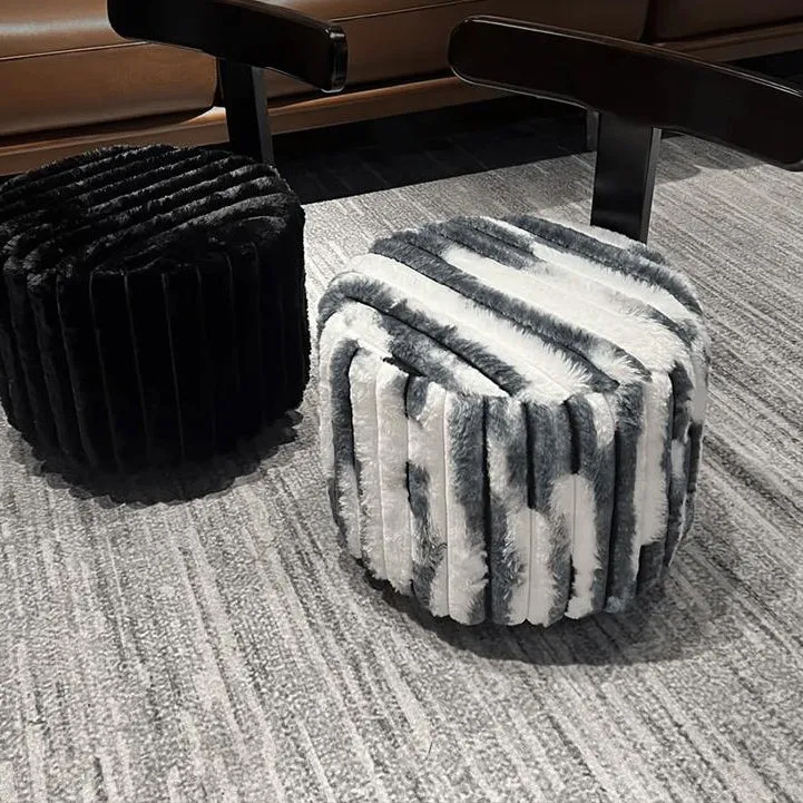 Contemporary Luxury Round Faux Velvet Rubberwood Plywood Movable Low Stool For Living Room