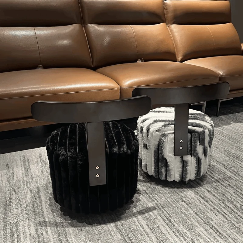 Contemporary Luxury Round Faux Velvet Rubberwood Plywood Movable Low Stool For Living Room