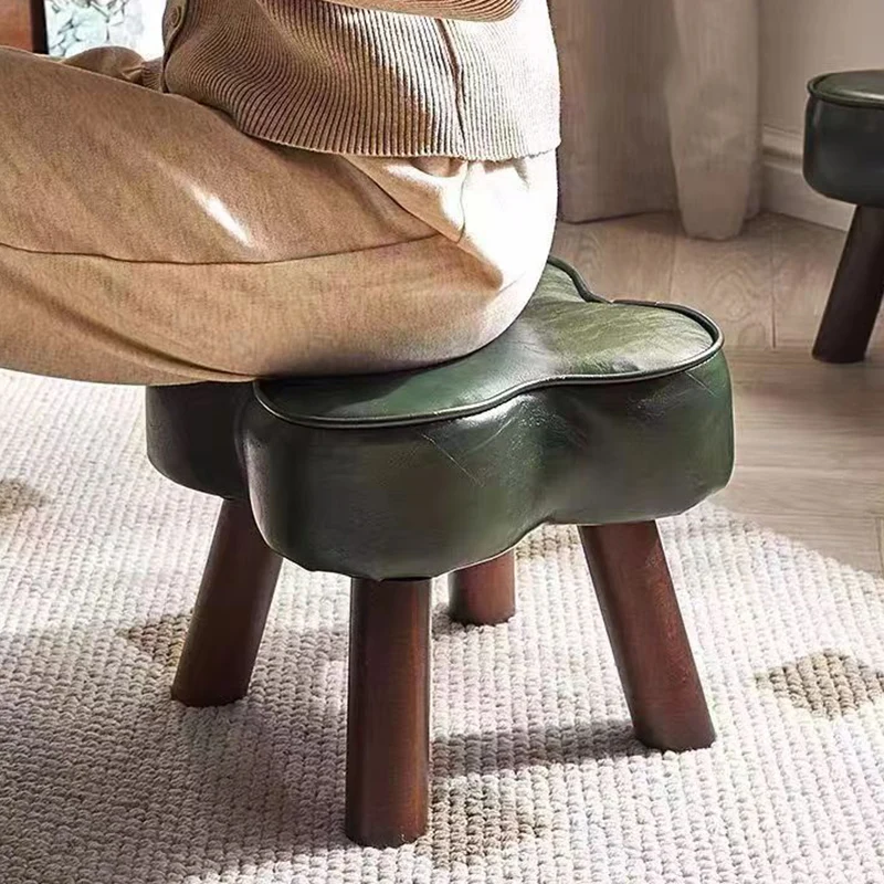Contemporary Creative Petal Shape Faux Oil-Waxed Leather Solid Wood Sponge Low Stool Backless Armless For Living Room