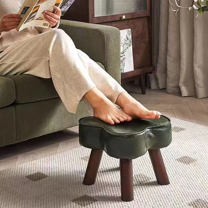 Contemporary Creative Petal Shape Faux Oil-Waxed Leather Solid Wood Sponge Low Stool Backless Armless For Living Room