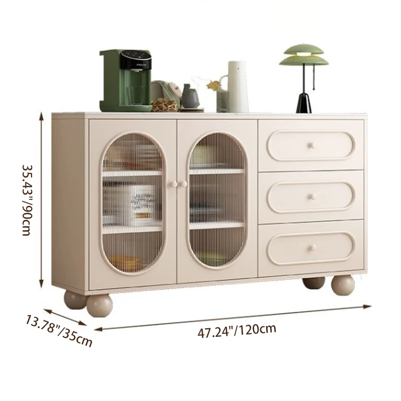 Contemporary Scandinavian Rectangular Medium-Density Fiberboard Particleboard Sintered Stone Fluted Glass Sideboard 1-Cabinet 3-Drawer For Living Room