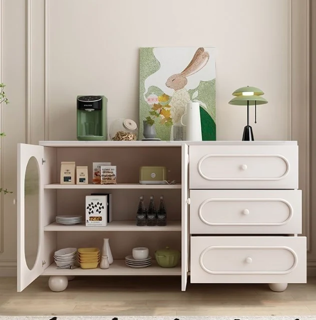 Contemporary Scandinavian Rectangular Medium-Density Fiberboard Particleboard Sintered Stone Fluted Glass Sideboard 1-Cabinet 3-Drawer For Living Room