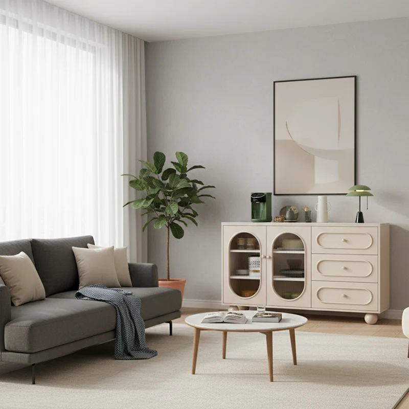 Contemporary Scandinavian Rectangular Medium-Density Fiberboard Particleboard Sintered Stone Fluted Glass Sideboard 1-Cabinet 3-Drawer For Living Room