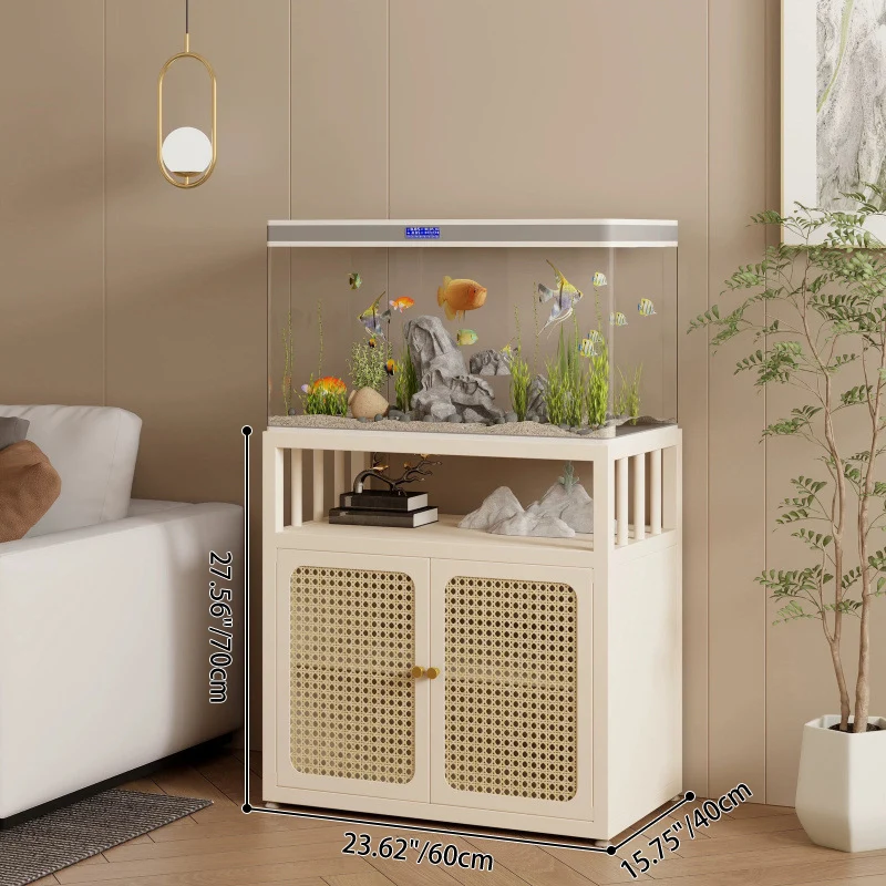 Traditional Chinese Square Carbon Steel Tempered Glass PE Rattan Side Table 1-Cabinet 1-Tier For Living Room