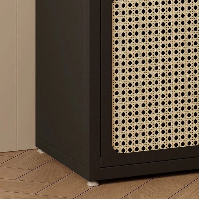 Traditional Chinese Square Carbon Steel Tempered Glass PE Rattan Side Table 1-Cabinet 1-Tier For Living Room