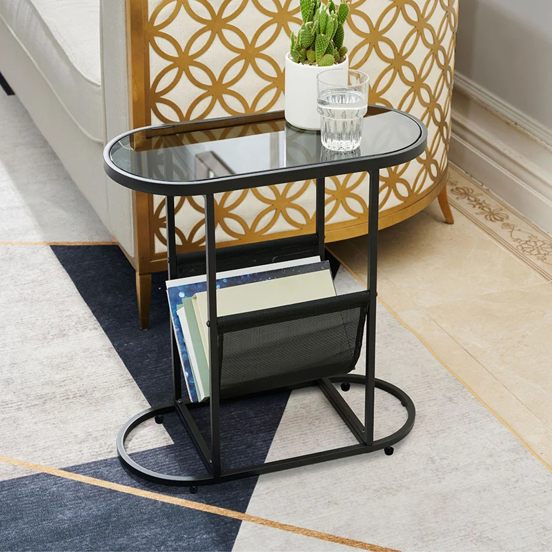 Modern Minimalist Oval Iron Glass Side Table 2-Tier For Living Room
