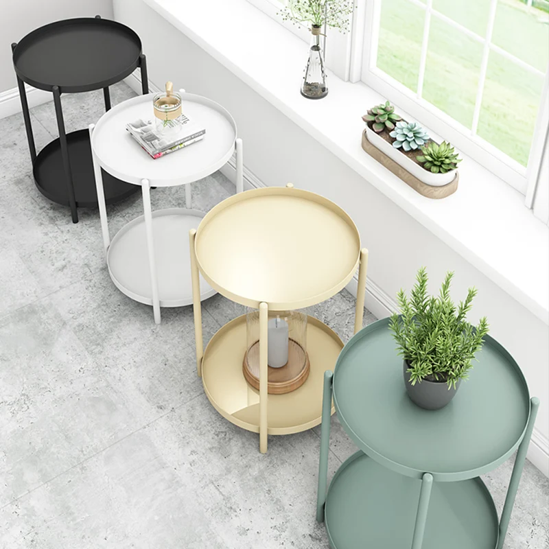 Contemporary Scandinavian Round Carbon Steel Side Table 1/2-Tier For Living Room