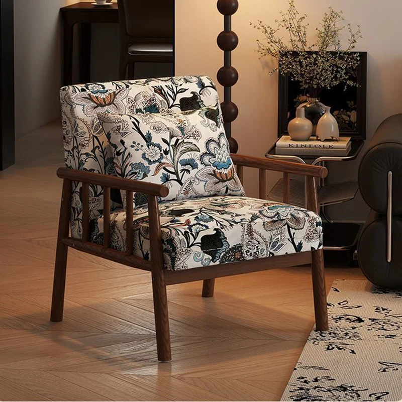 Traditional Vintage Rectangular Rubberwood Faux Oil Wax Leather Flannelette Sponge Accent Chair Backrest Armrest For Living Room
